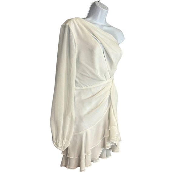 Michael Costello White One Shoulder Mini Dress XS Chiffon Ruched Ruffle $248 NEW - Picture 6 of 10